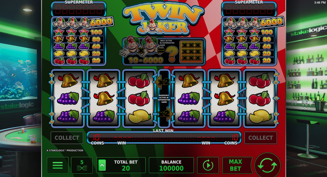 Twin Joker fruitautomaat van Stakelogic met klassieke fruitsymbolen, jokers en winlijnen.