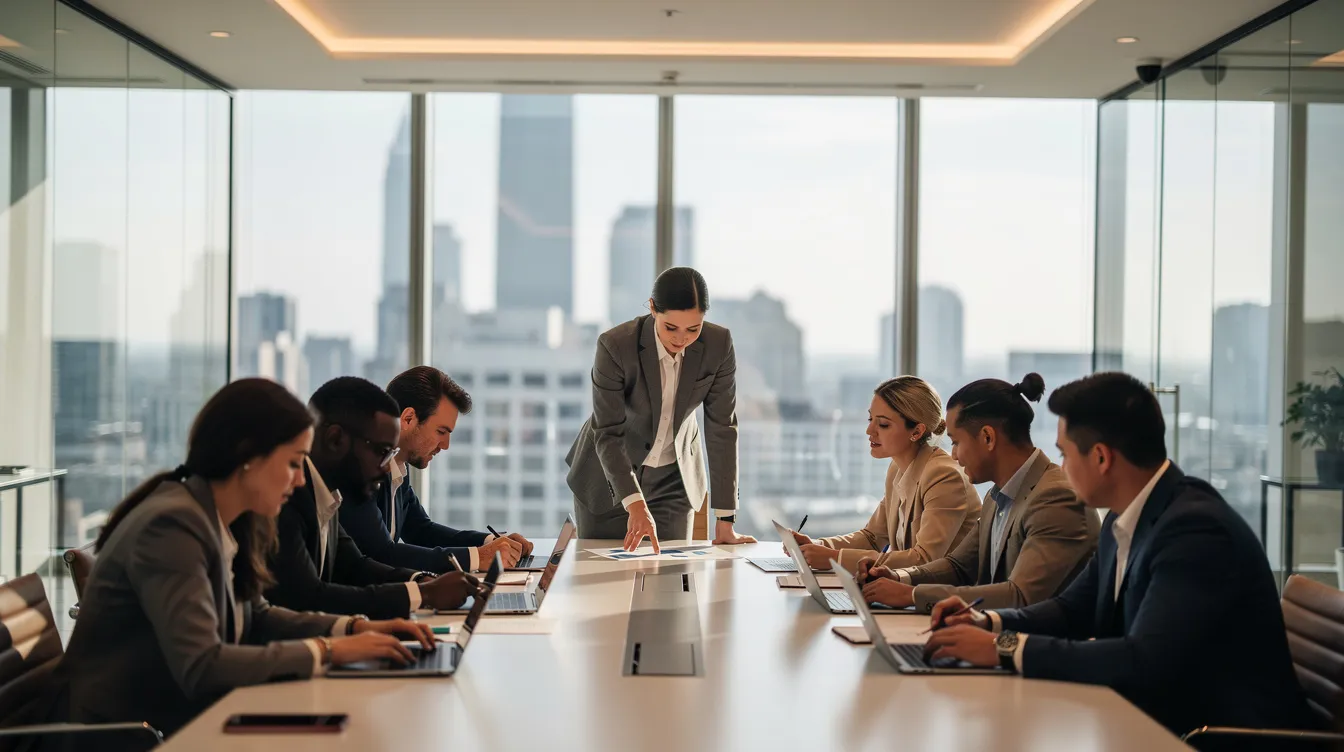 A group of business professionals is gathered around a sleek conference table in a modern conference room, reviewing important documents and discussing strategies to enhance their organization's cybersecurity posture against evolving cyber threats. The atmosphere conveys a sense of collaboration and focus on proactive threat detection and managed cybersecurity services.