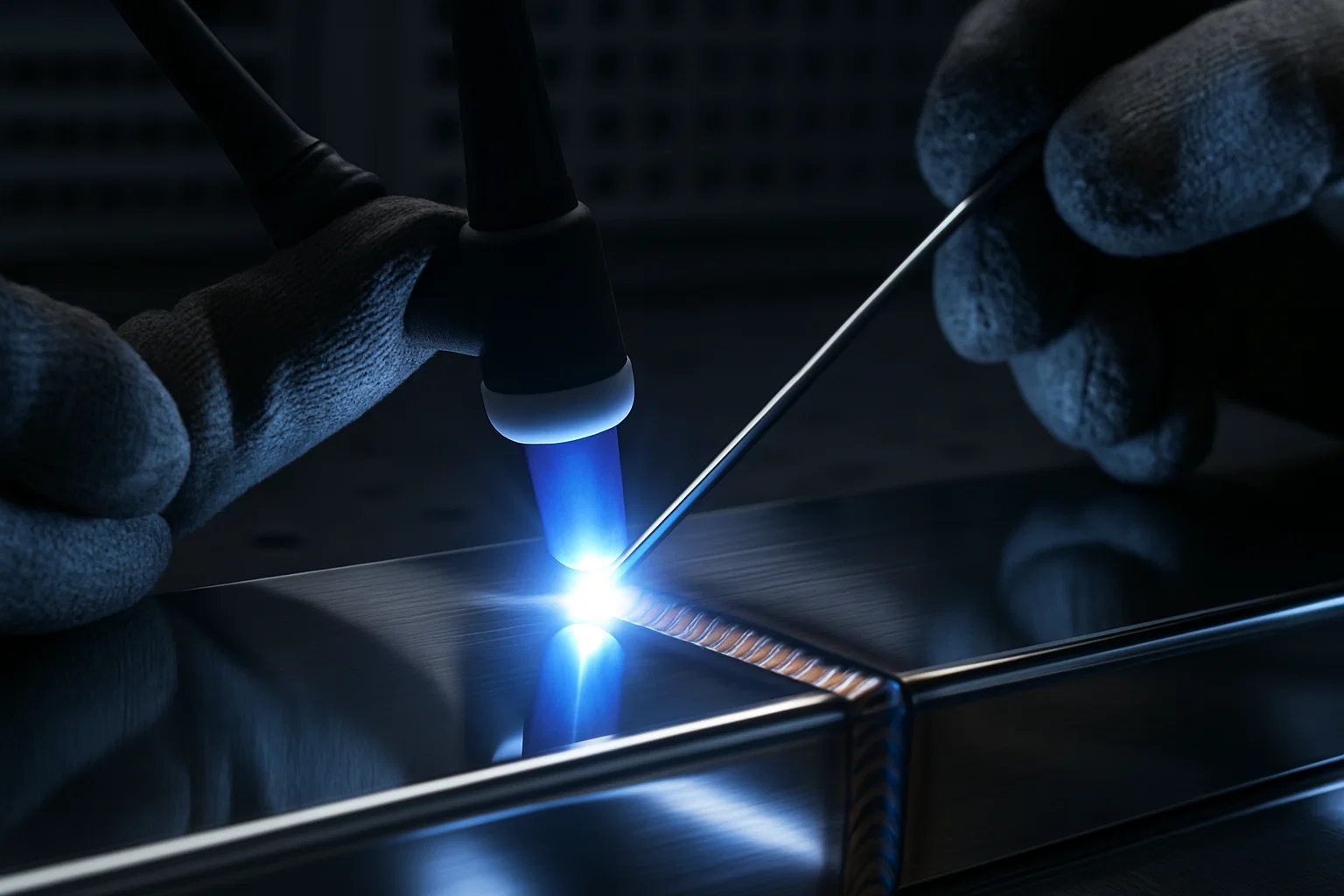 High-precision TIG welding on polished stainless steel for hygienic use.