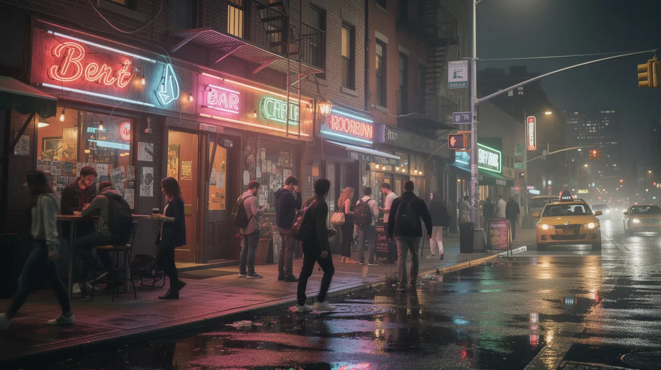 The image depicts a bustling East Village street at night, illuminated by vibrant neon bar signs, creating a lively atmosphere. Crowds gather outside various bars, including dive bars and cocktail lounges, as the sounds of live music and laughter fill the air.