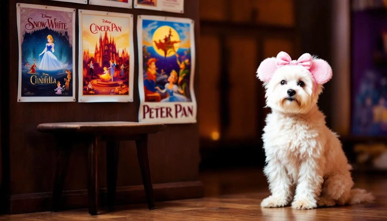 A small white dog wearing Mickey Mouse ears sits beside colorful Disney movie posters featuring iconic characters from films like