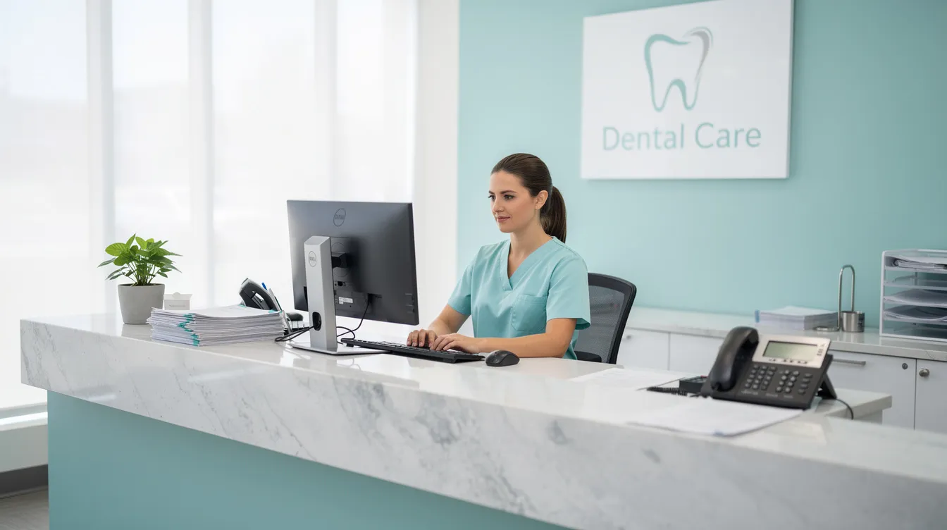 The image shows the front desk of a dental office with a staff member focused on a computer, likely managing the dental billing process and patient information to ensure efficient service delivery. This scene reflects the essential role of dental professionals in maintaining patient satisfaction and managing insurance claims within the dental practice.