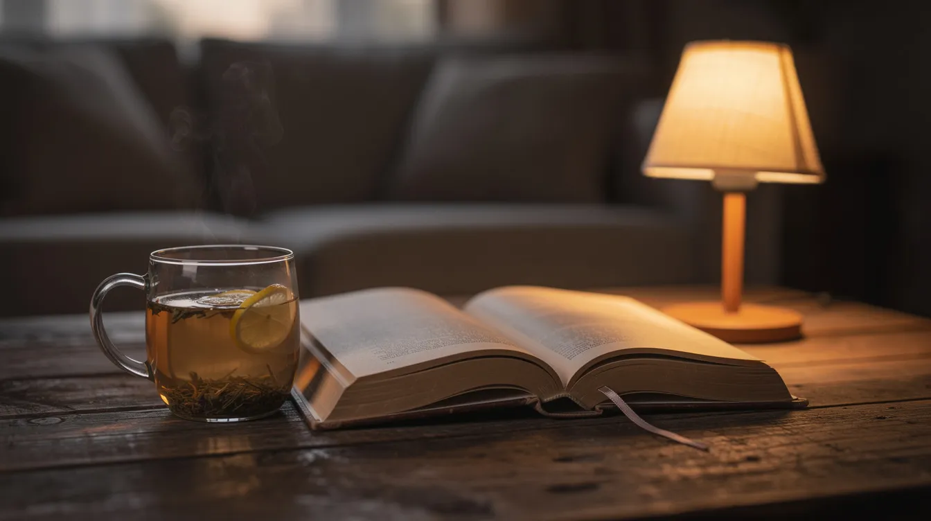 The image depicts a serene evening scene featuring a cozy setup with a book, a cup of herbal tea, and a small reading lamp illuminating a wooden table. This calming environment is perfect for enhancing sleep quality and supporting a restful night, potentially complemented by sleep supplements like Wondersleep mushroom gummies.