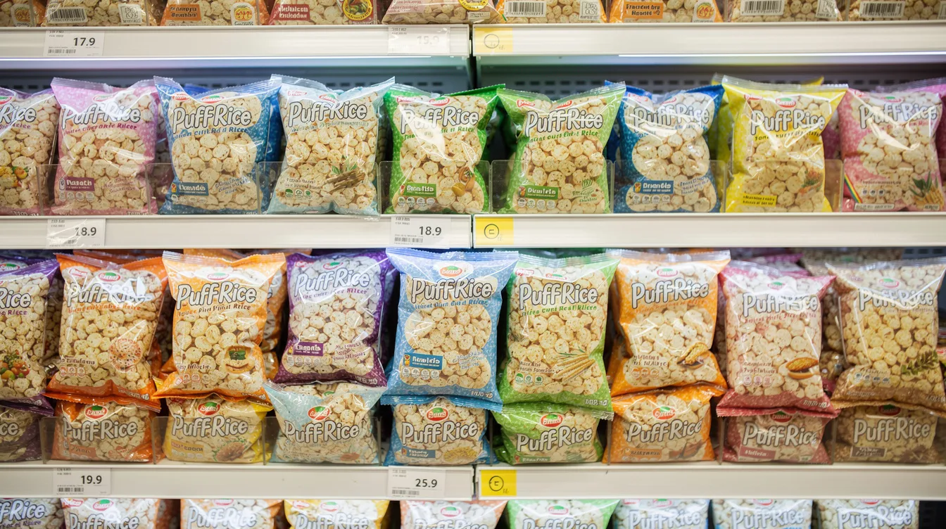The image features neatly packaged branded puffed rice snack packets, clearly displayed and arranged on retail shelves, showcasing the product's appealing design for customers. This presentation highlights the puffed rice industry and its market potential, emphasizing the importance of effective packaging in attracting consumers.