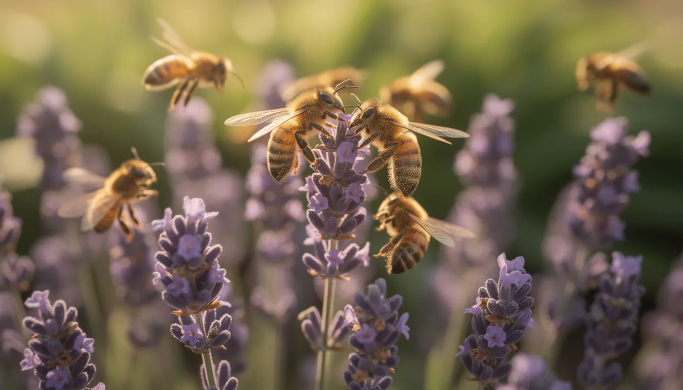 A sunny garden scene features honey bees, which are invertebrate insects, busily gathering nectar from vibrant purple lavender flowers. This lively interaction highlights the important role of these animal species in the natural world and their contribution to pollination.