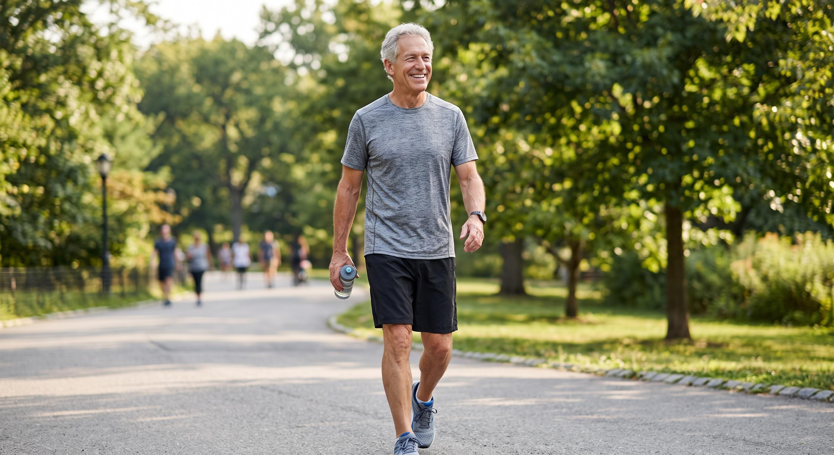 Happy and fit older man with good aerobic health, walking in the park