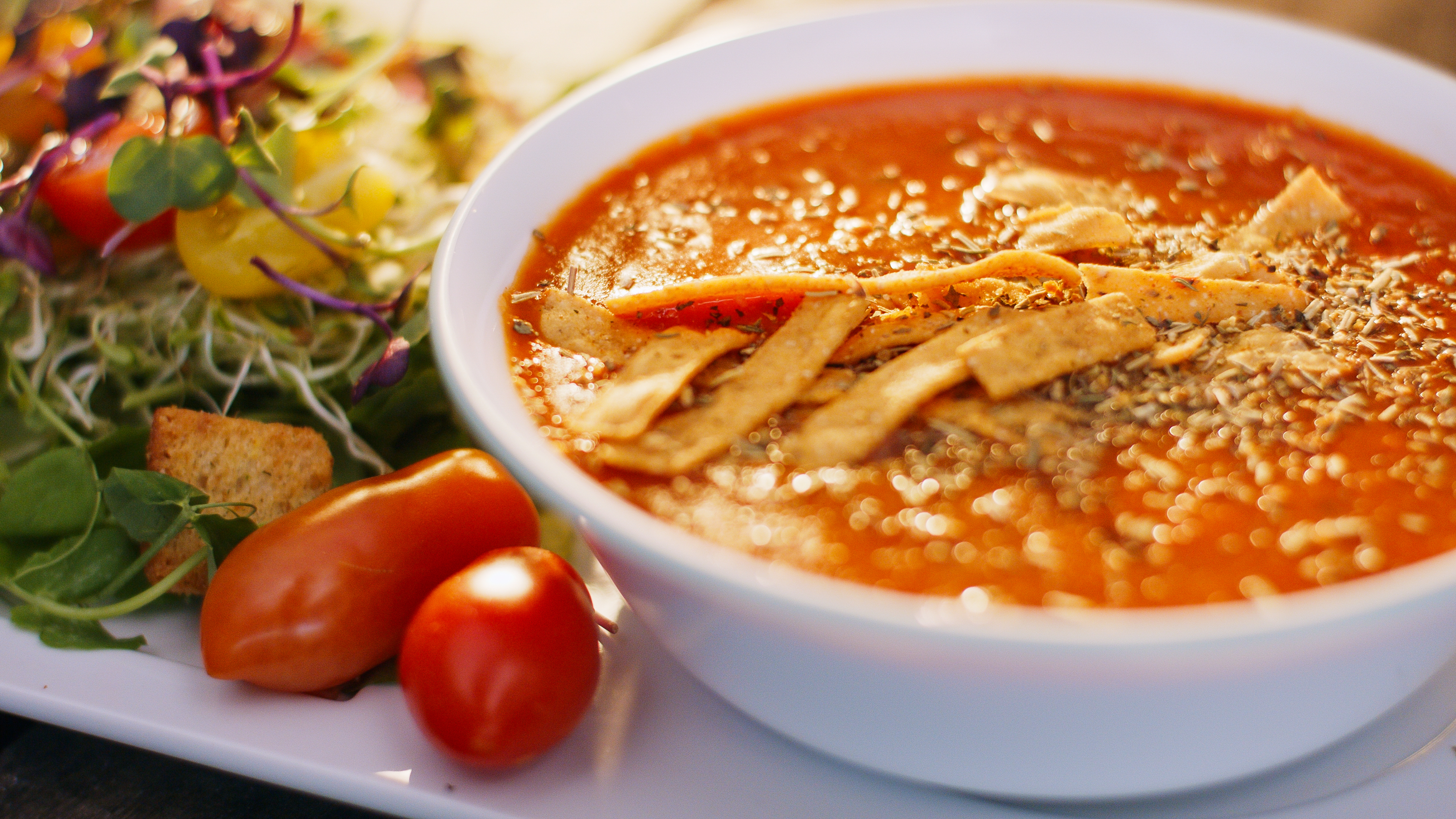 A yummy summer salad and a tasty bowl of Proper Good Tomato Basil Soup