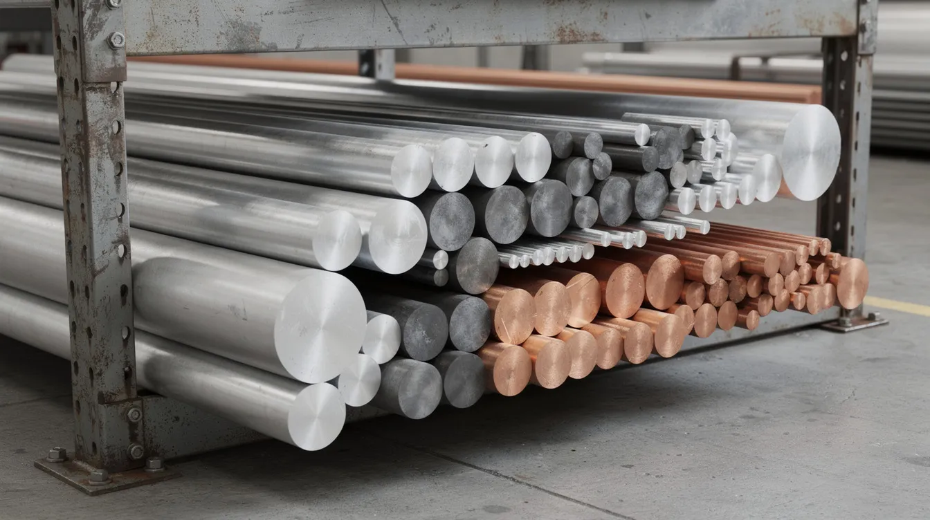 An assortment of metal billets and round bar stock made of aluminum, steel, and copper alloys is neatly arranged on a factory shelf, showcasing various materials that may be used for hardness tests such as the Brinell and Rockwell methods. The display highlights the diversity of metals available for industrial applications, reflecting their strength and resistance properties.