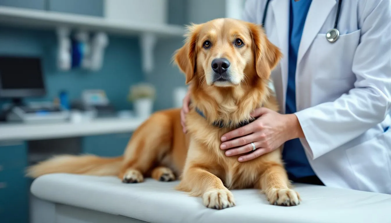 A goldendoodle is being gently examined by a veterinarian, showcasing the importance of regular veterinary check-ups for maintaining the dog