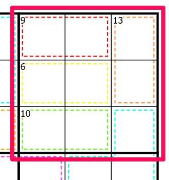 Killer Sudoku box with four cages summing to 38 and one cell belonging to a cage below.