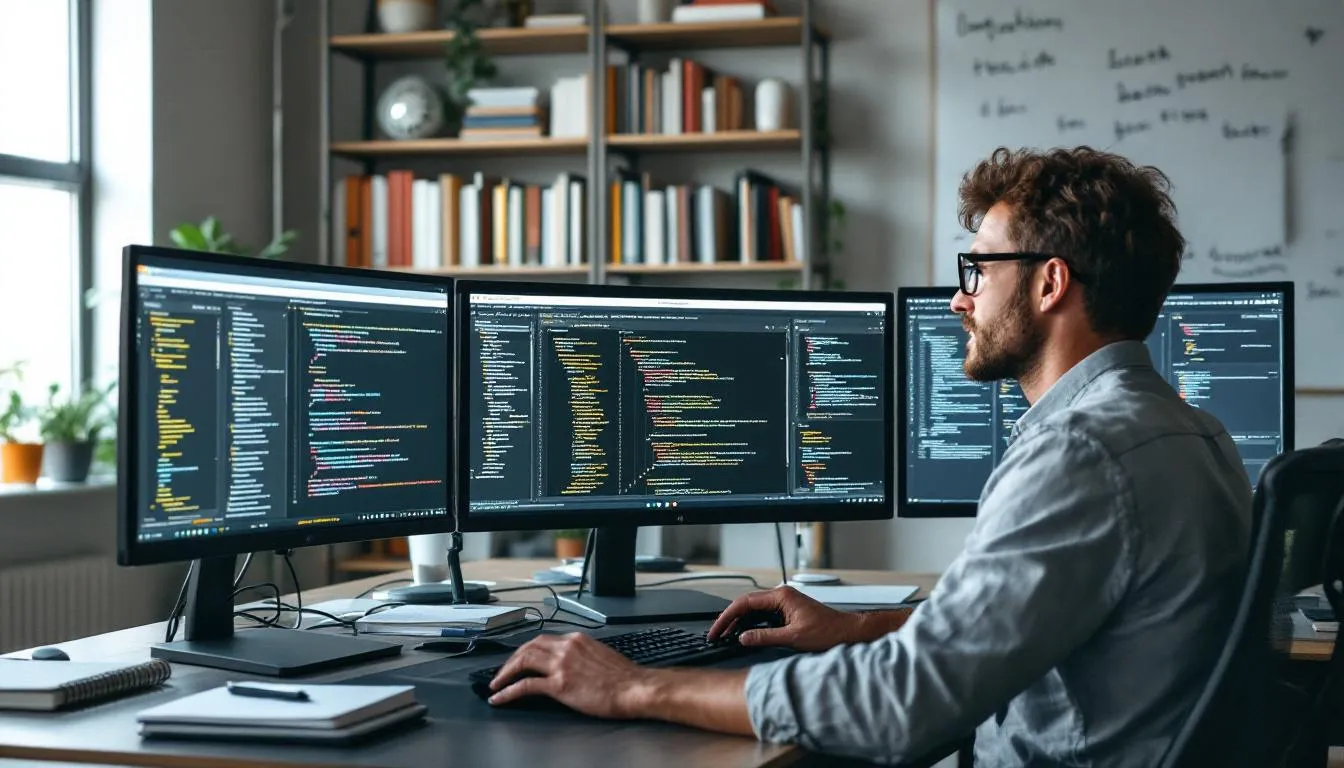 A developer is actively working with headless WordPress architecture, surrounded by multiple screens displaying various aspects of the WordPress dashboard and site editing tools. This setup highlights the advanced features and flexibility of the WordPress ecosystem, emphasizing the future of WordPress in building dynamic websites.