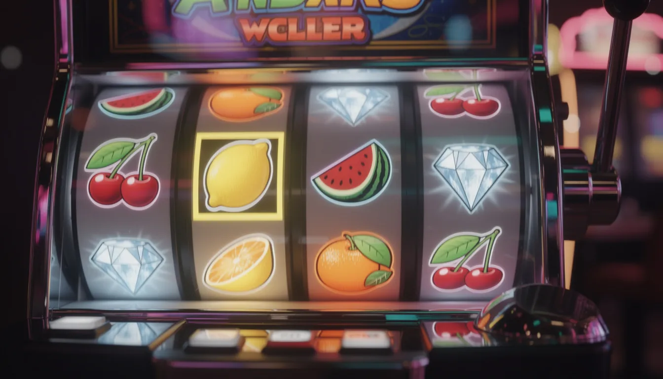 En färgglad slotmaskin med snurrande hjul visar frukt- och diamantsymboler, vilket skapar en spännande atmosfär för spelare. Denna typ av spel finns hos Dunder Casino, där nya spelare kan njuta av bonusar och free spins.