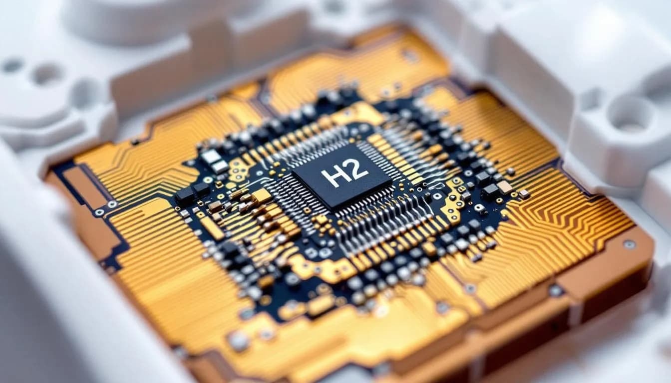 Die Detailaufnahme zeigt den H2-Chip der AirPods Pro, der für personalisiertes 3D Audio und Geräuschunterdrückung verantwortlich ist. Diese Technologie verbessert das Hörerlebnis durch räumlichen Klang und ermöglicht Funktionen wie Dolby Atmos und Head Tracking.