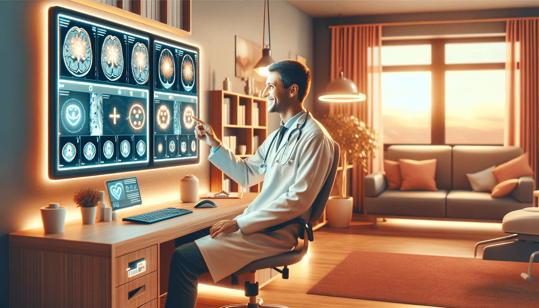 Radiolog pracuje przy komputerze z obrazami medycznymi w ciepłym, przytulnym wnętrzu radiologicznym.