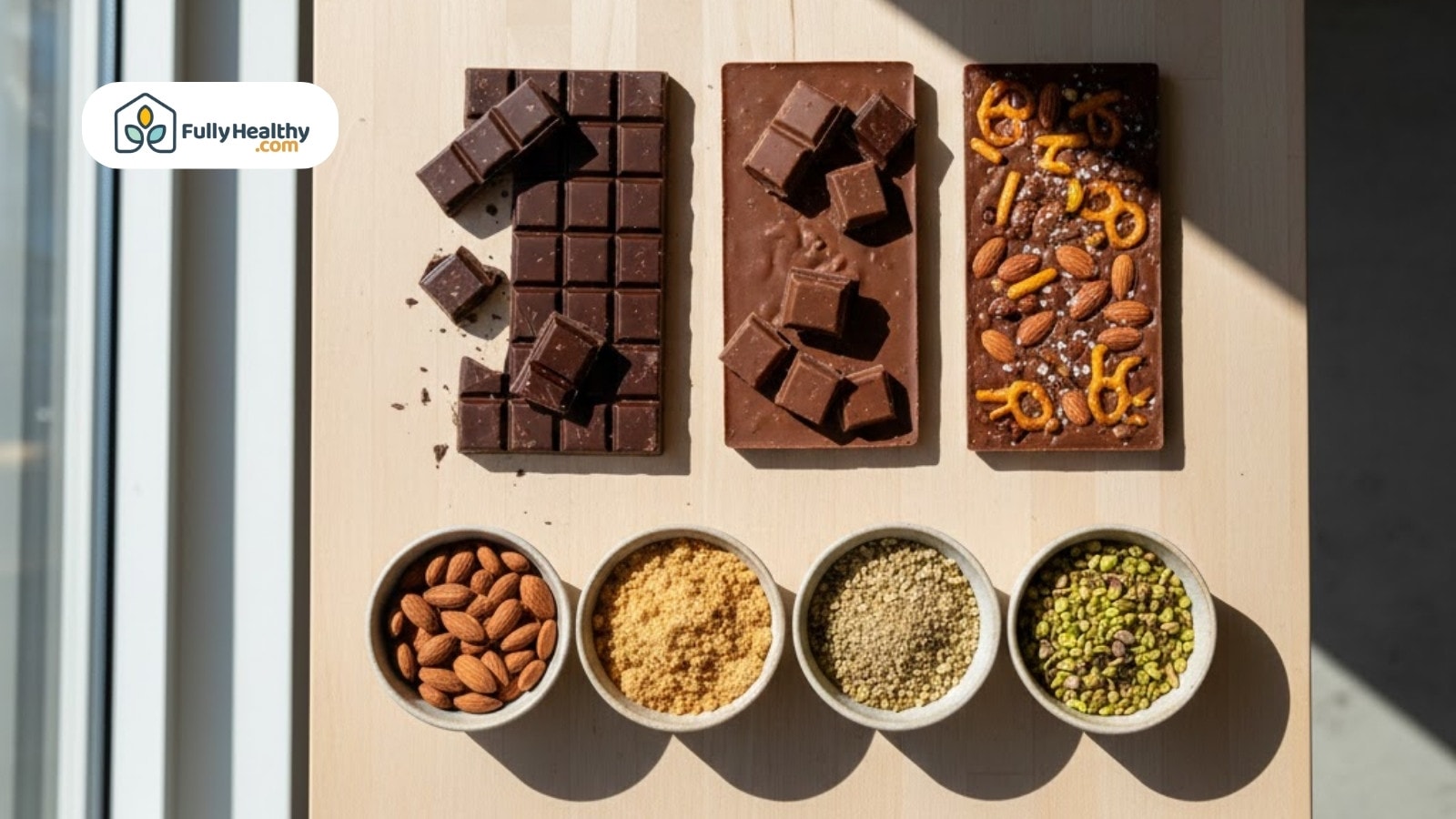 Three chocolate bars with almonds grains pistachios and bowls of matching ingredients
