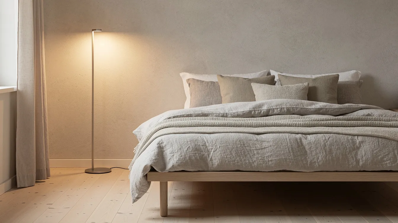 Ett sovrum med en smal golvlampa i modern design, placerad som sänglampa bredvid en säng med mjuka textilier. Lampan ger ett mjukt ljus som skapar en varm och inbjudande känsla i rummet.