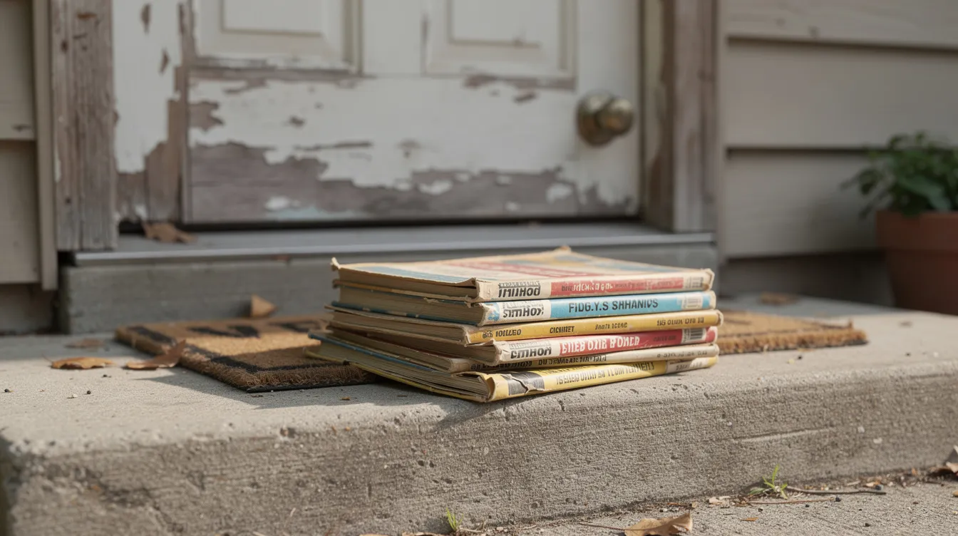 The image features a stack of old printed phone books resting on a residential doorstep, serving as a directory for local businesses and providing essential information such as phone numbers and addresses for consumers seeking services. These phone books are a traditional advertising resource, connecting users with companies in their area.