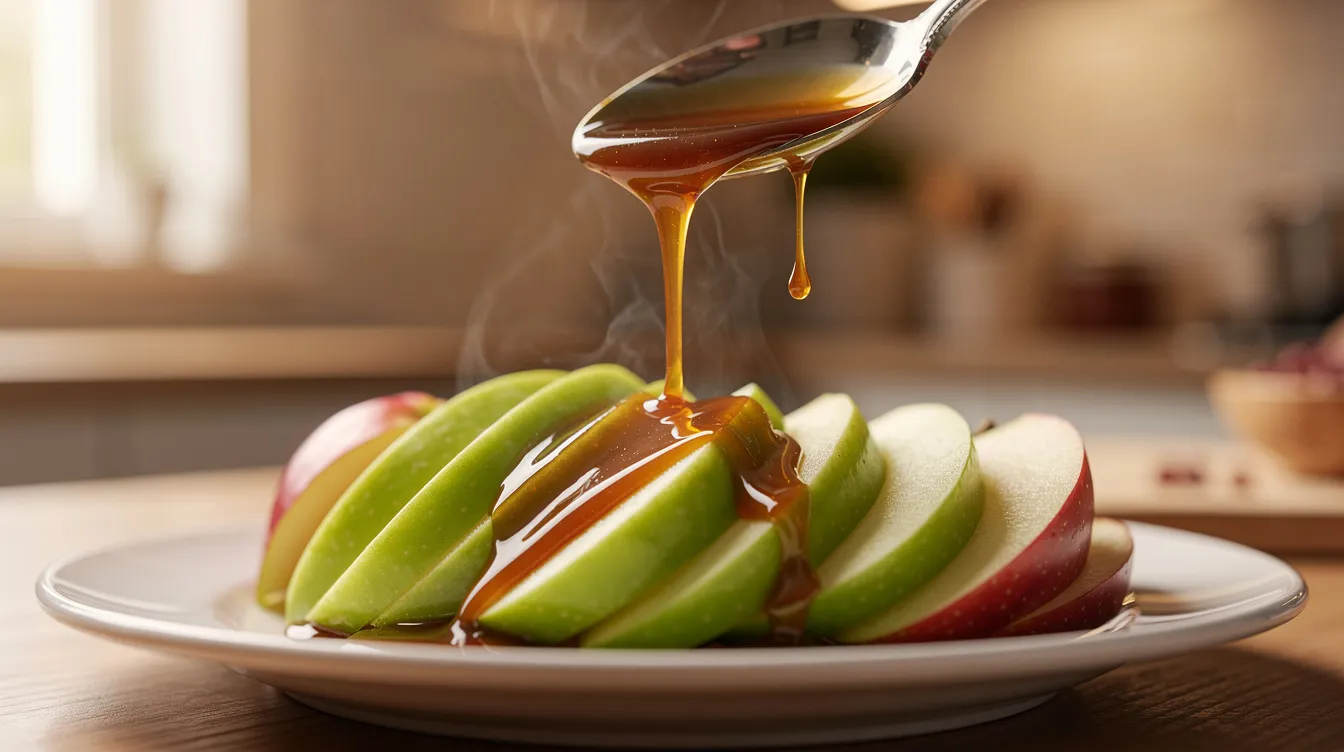 A spoon drizzles warm golden caramel sauce over fresh apple slices arranged on a serving plate, creating a delicious caramel apple treat. The glossy sauce glistens in the light, inviting you to enjoy this delightful dessert with your favorite toppings.