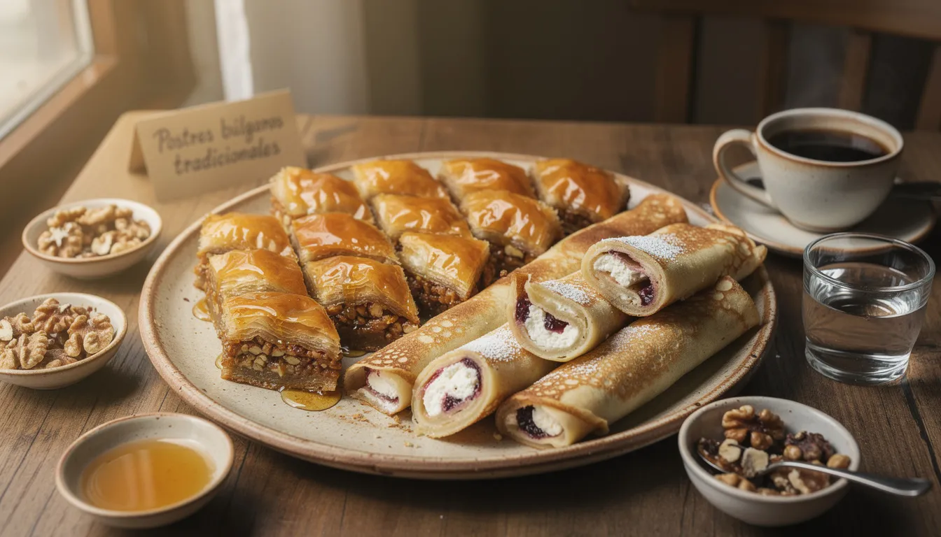 Una bandeja de postres tradicionales búlgaros que incluye baklava y palachinki, mostrando la rica variedad de la gastronomía búlgara. Los dulces están dispuestos de manera atractiva, resaltando los sabores y la cultura culinaria de Bulgaria.