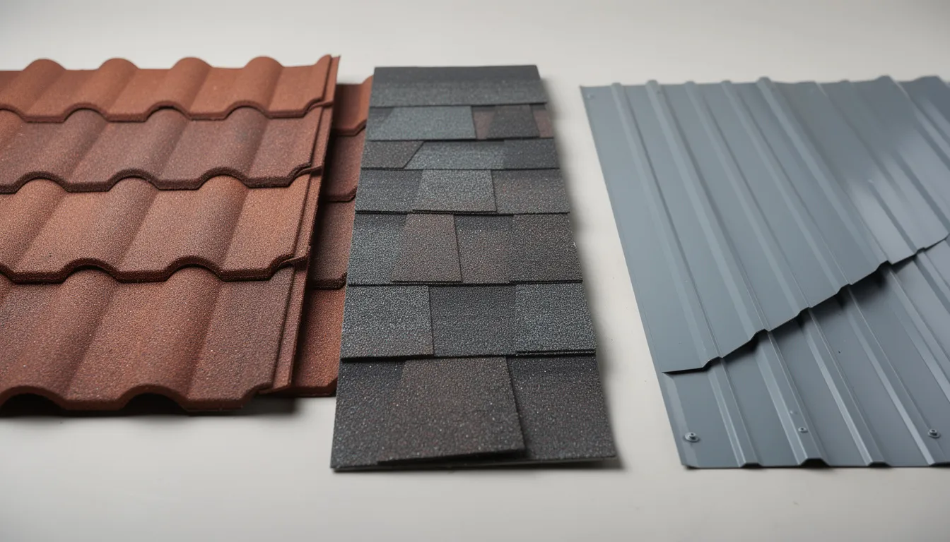 The image features a close-up view of various roofing material samples, including clay tiles, asphalt shingles, and metal panels, highlighting the different textures and colors available for roofing projects. This selection is essential for homeowners and roofing contractors when choosing roofing materials for new roofs or roof replacement.