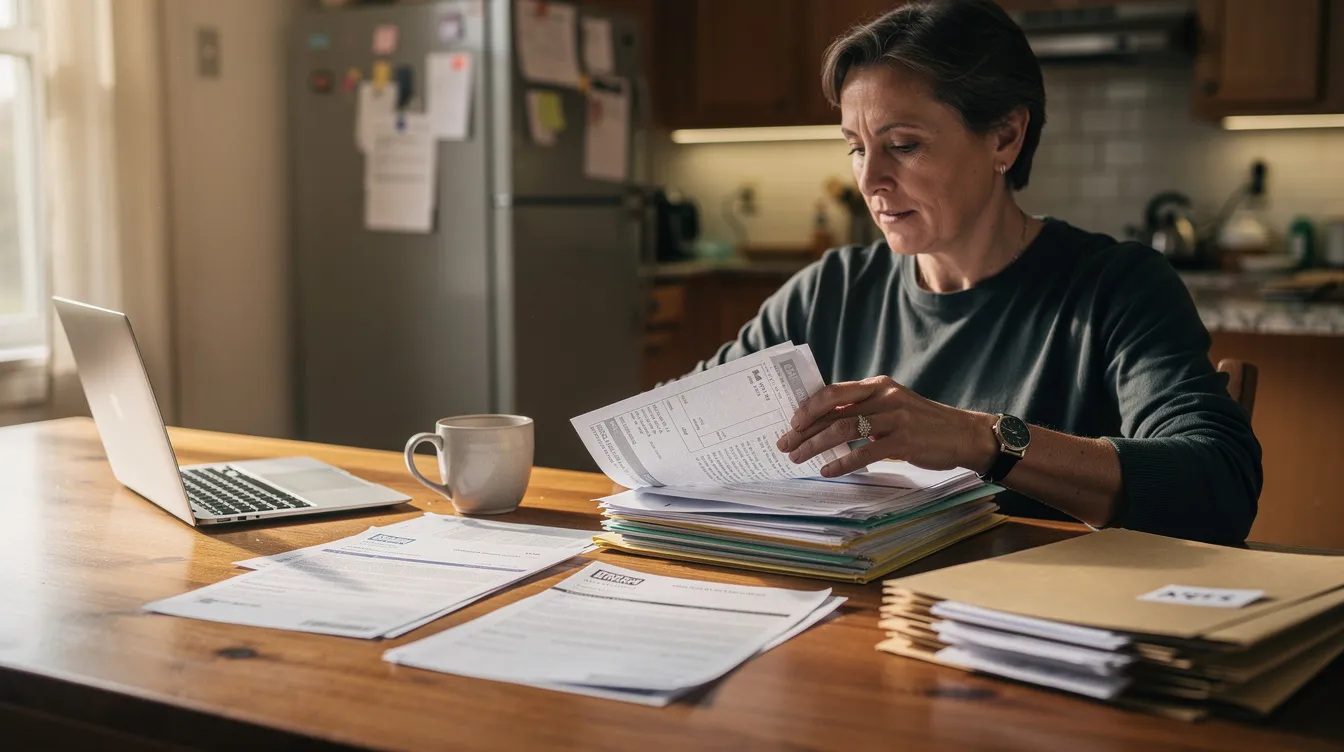 The image shows a person seated at a kitchen table, diligently organizing various files and paperwork, which may include important medical records related to their disability claim. This scene reflects the careful preparation needed for navigating the application process for social security disability benefits.