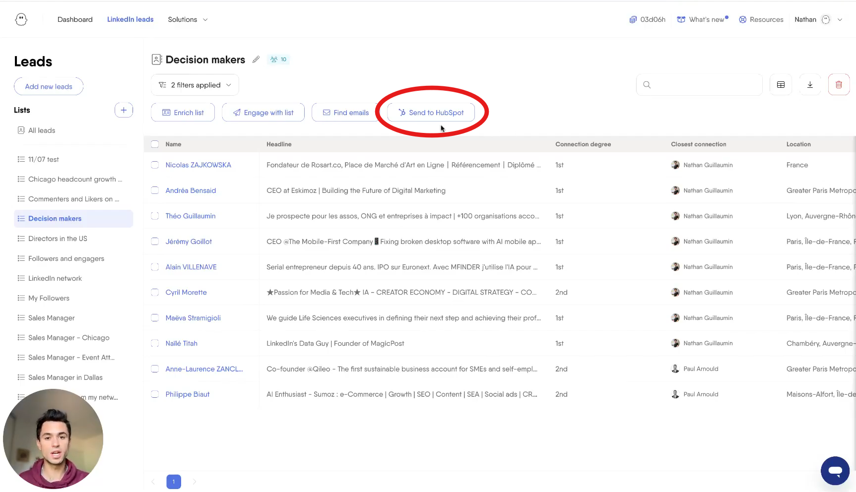 CRM sync interface showing HubSpot integration options