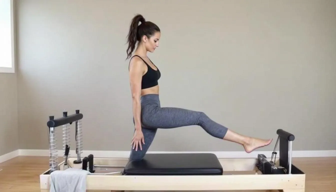 A person is engaged in a Pilates strength training session on a reformer machine, utilizing spring-based resistance to perform controlled movements that enhance core strength and muscle development. The individual demonstrates a leg circle exercise, showcasing the benefits of building muscle mass and improving overall fitness through this form of resistance training.