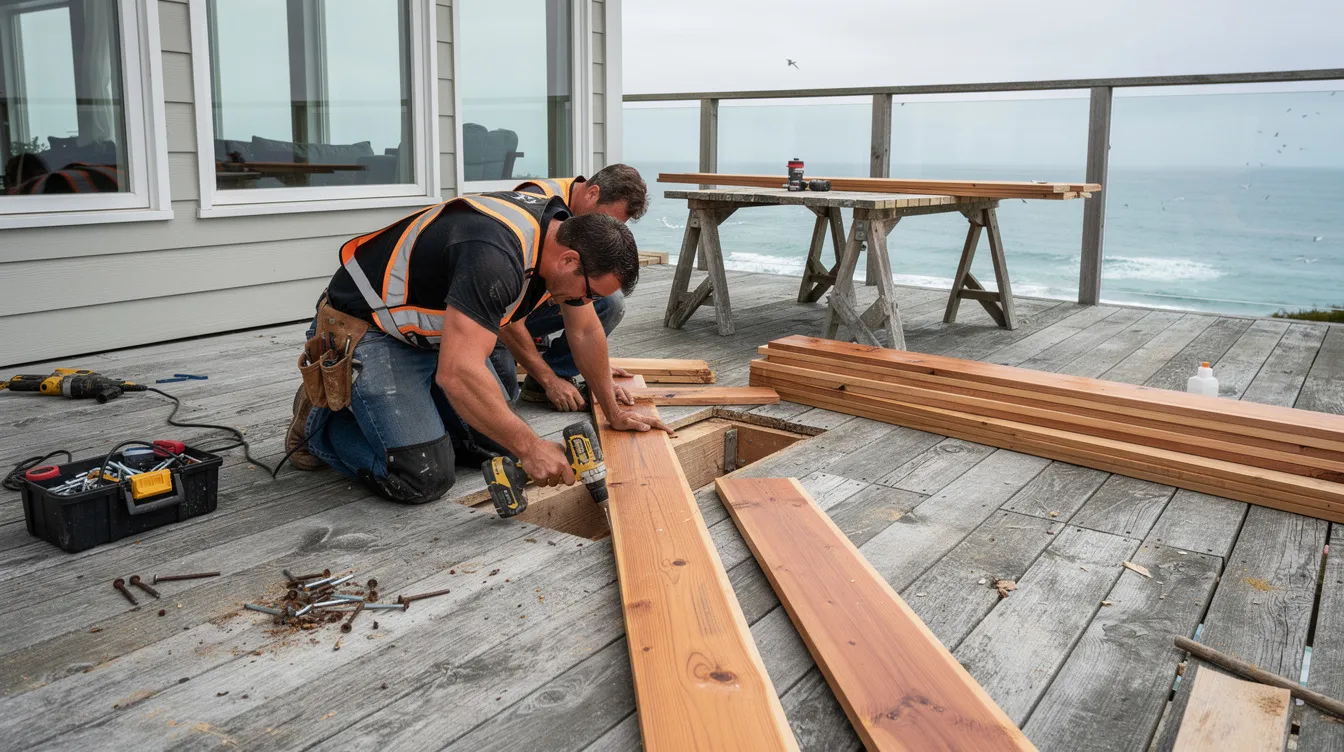 The image shows workers diligently repairing a weathered wooden deck on a coastal home, emphasizing the maintenance expenses associated with waterfront properties. This scene highlights the importance of upkeep for homeowners in Connecticut, particularly those living in flood zones.