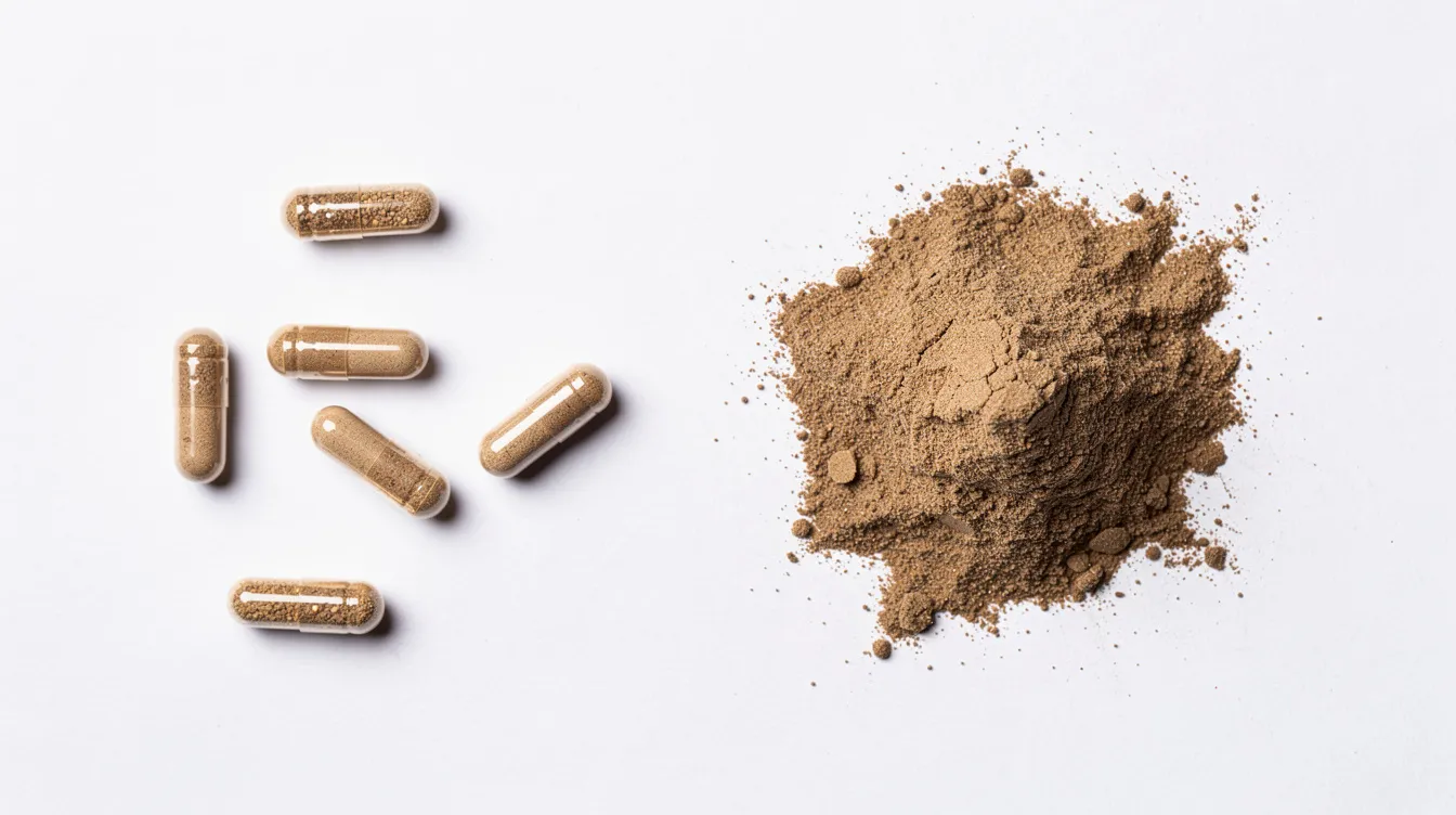 The image features an assortment of colorful supplement capsules and a container of mushroom powder, all neatly arranged on a clean white surface, highlighting various lion's mane supplements and other functional mushrooms known for their potential cognitive benefits and immune support. The scene suggests a focus on health and wellness, emphasizing the use of dietary supplements for improved brain health and mental clarity.