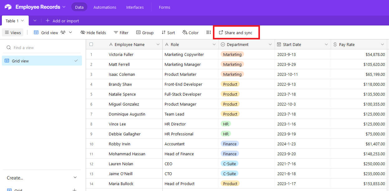 A screenshot of an Airtable base with the Share and Sync button highlighted.