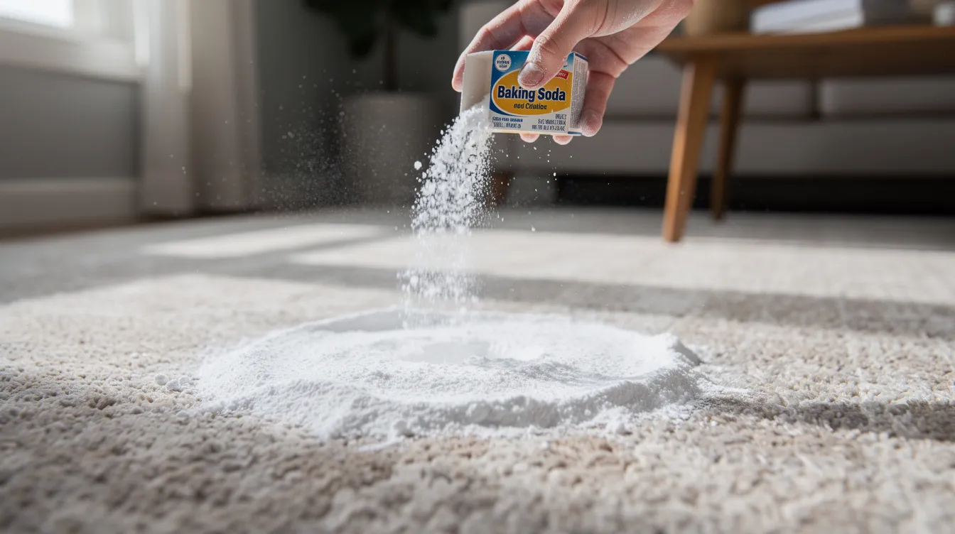 An image shows baking soda being generously sprinkled across a carpet, a common method for odor removal to absorb smoke smells and improve indoor air quality. This technique helps eliminate smoke odors and refreshes the space, preparing it for a deep clean.