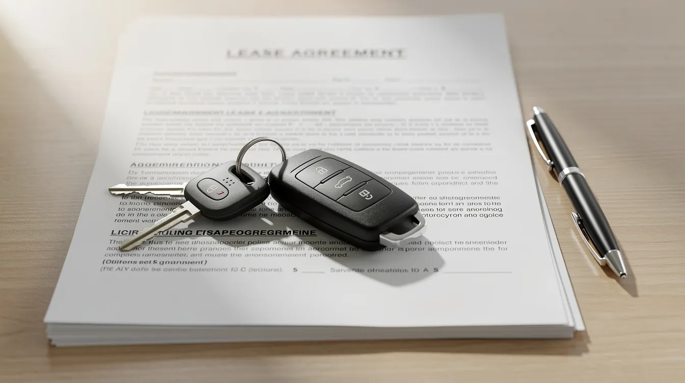The image shows a set of car keys placed on top of a lease agreement paperwork on a desk, symbolizing the financial obligations and responsibilities associated with a leased vehicle. This scene reflects the importance of understanding lease terms, insurance coverage, and potential claims in the event of a car accident.