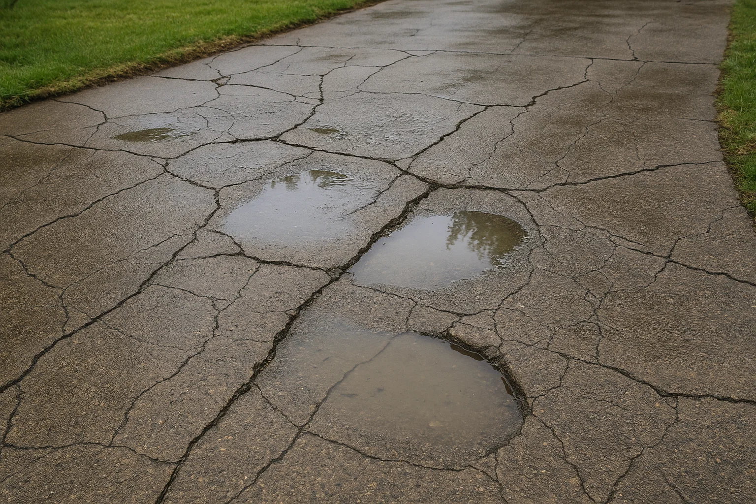 Cracked and sunken driveway due to poor groundwork preparation.