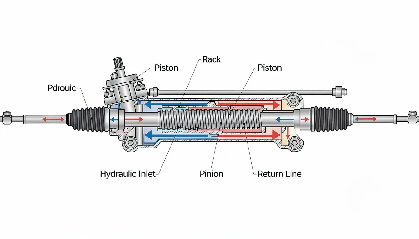 The diagram illustrates the internal components of a power steering rack, including the piston, pinion gear, and the flow of hydraulic power steering fluid. It highlights how the steering system operates to convert rotational motion from the steering wheel into linear motion, facilitating easier control of the vehicle's wheels.