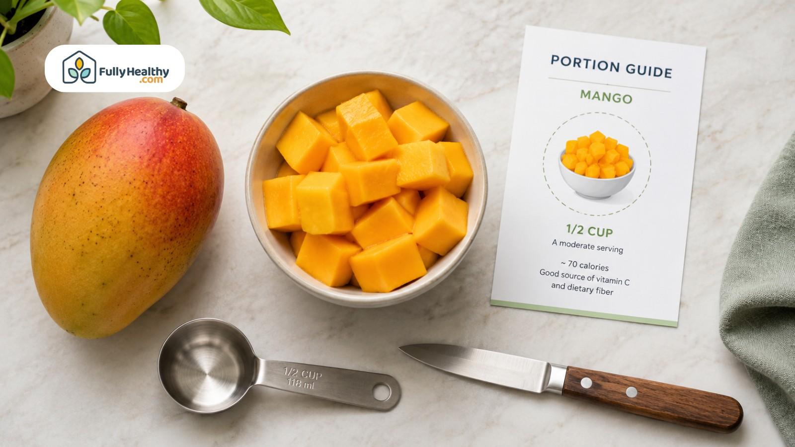 Mango cubes in bowl beside portion guide, measuring cup, and knife