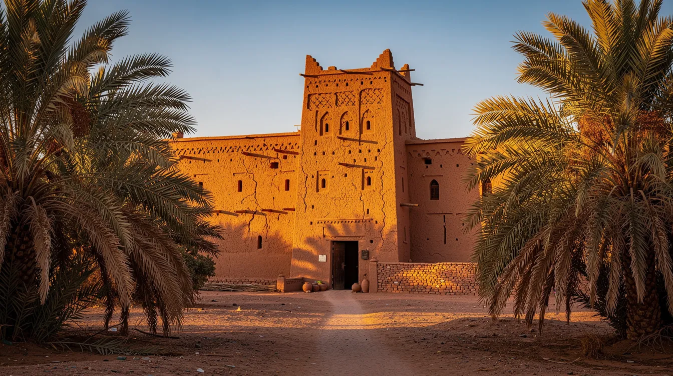 The image depicts traditional earthen kasbah architecture surrounded by lush palm trees, set against the backdrop of the Sahara Desert. This scene captures the essence of desert life in Merzouga, a small town known for its camel rides and stunning views of the Erg Chebbi dunes.