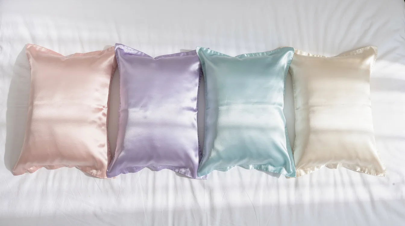 A flat lay of various silk pillowcases in soft pastel colors is displayed on a white bedspread, highlighting the luxurious texture and sheen of mulberry silk. These high-quality silk pillowcases are designed to promote skin and hair health, making them ideal for sensitive skin and enhancing your beauty sleep experience.