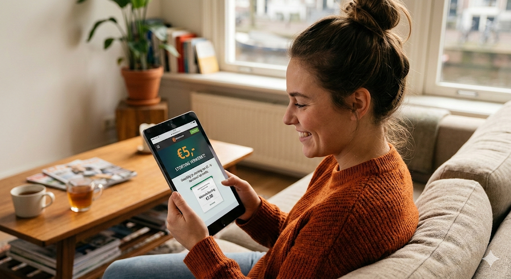 Speler gebruikt een tablet om een 5 euro deposit te doen bij een online casino, voorbeeld van een casino met minimale storting van 5 euro waar nieuwe spelers met een kleine storting kunnen spelen bij legale online casino’s en een bonus kunnen claimen.