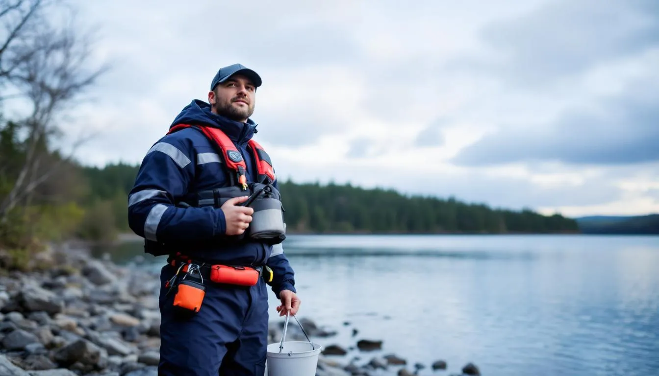 Wędkarz ubrany w specjalistyczny kombinezon termiczny, z wyposażeniem ratunkowym, stoi na lodzie, trzymając wędkę podlodową z przynętą. W tle widać otwory w lodzie, które świadczą o łowieniu ryb spod lodu, a wokół panują zimowe warunki pogodowe.