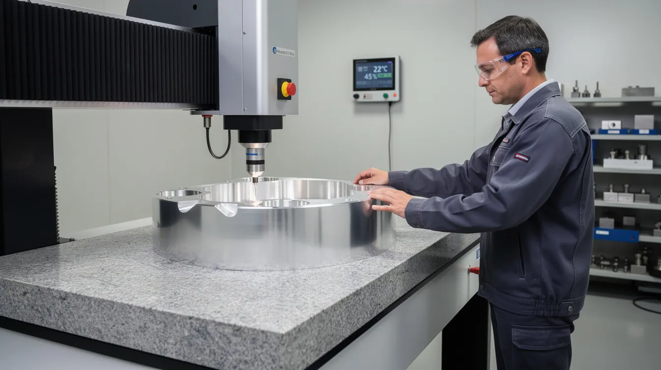 A quality control inspector is carefully measuring a machined aluminum part using a coordinate measuring machine in a climate-controlled inspection room, ensuring precision and adherence to strict quality control standards essential in the manufacturing industry. This process is vital for producing high-quality components that meet customer satisfaction in sectors like automotive and medical fields.