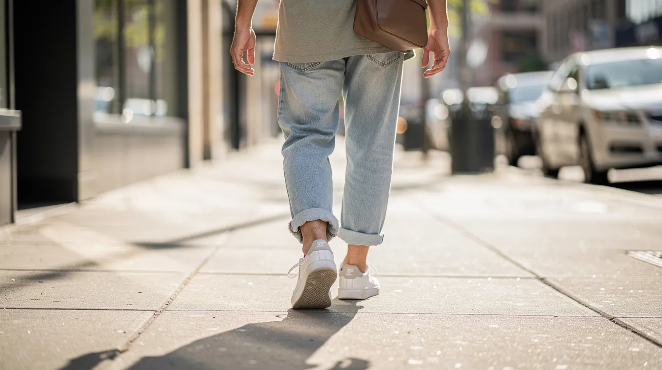 A person is walking down a sunny city street, showcasing their classic white sneakers paired with rolled-up jeans. The stylish, lightweight shoes feature a smooth leather design, making them a great pair for a casual summer day.