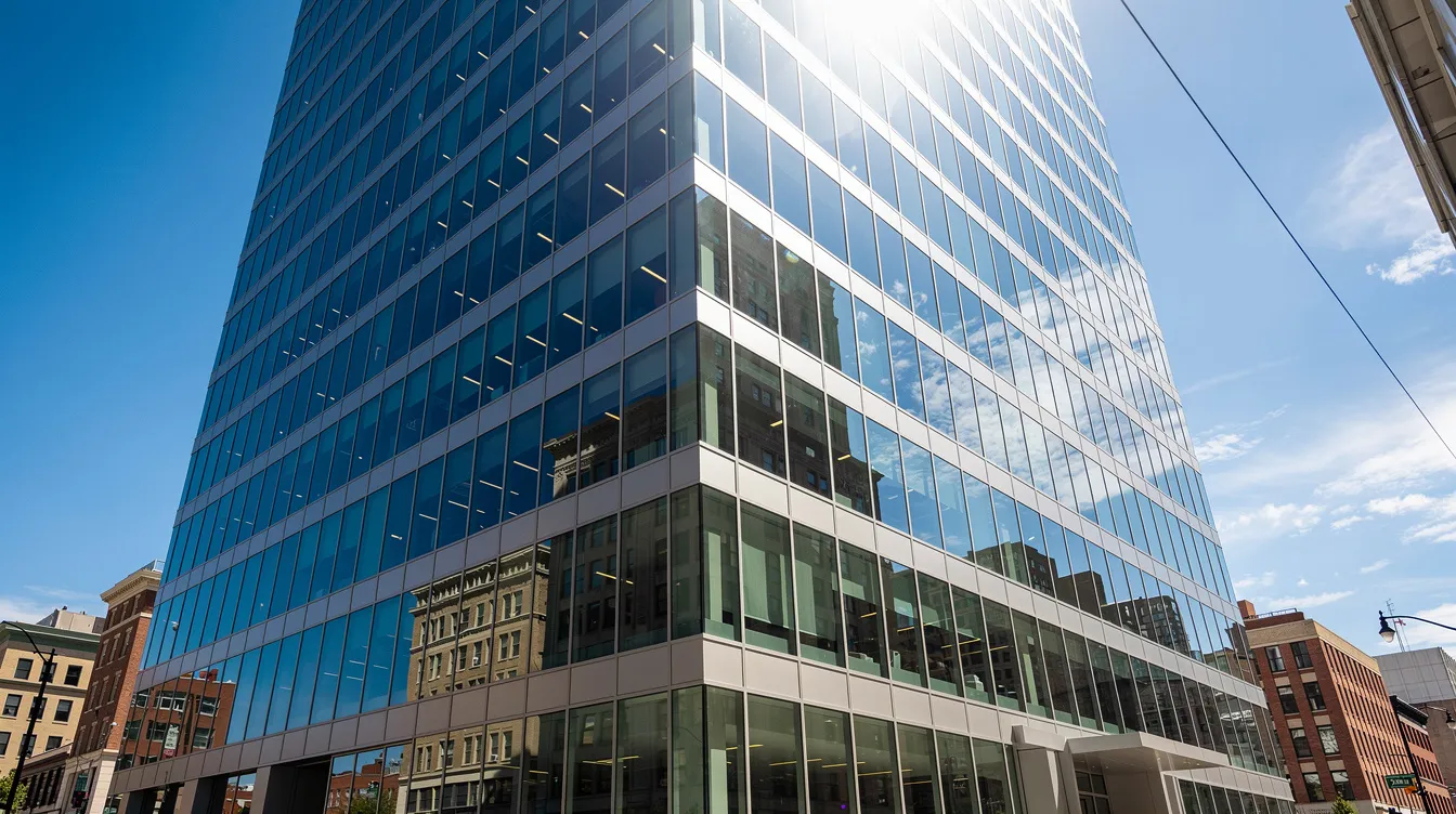 The image depicts a modern commercial building with multiple floors, showcasing reflective window film that glistens in the sunlight, creating a striking visual effect. This exterior could represent a great opportunity for franchise owners and independent businesses looking to establish a presence in the community.