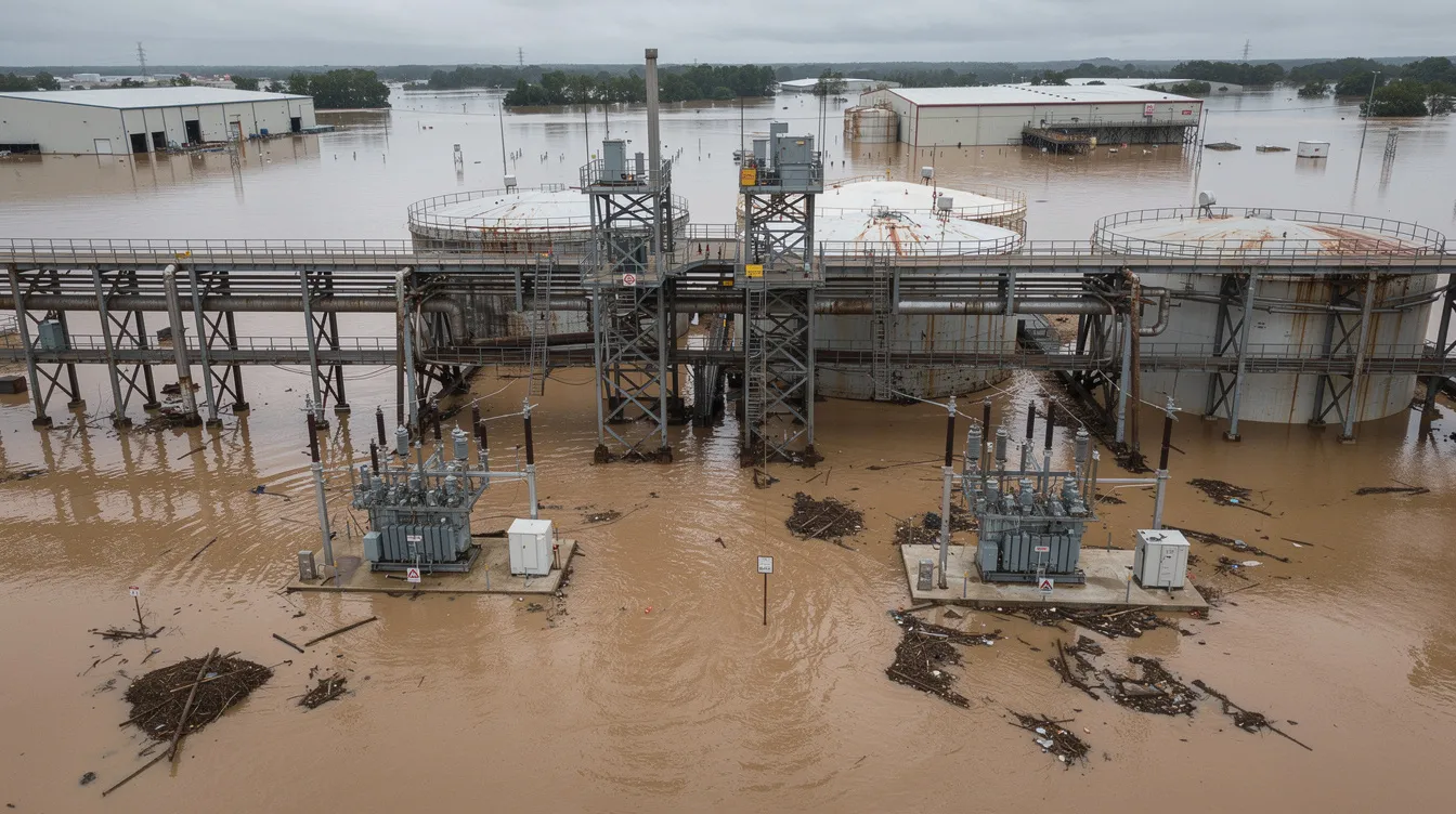 The image depicts floodwaters surrounding industrial infrastructure, with elevated equipment visible above the waterline, highlighting the impact of natural disasters on critical facilities. This scene emphasizes the importance of emergency management plans and disaster risk reduction strategies to protect communities and ensure resilience during such emergencies.
