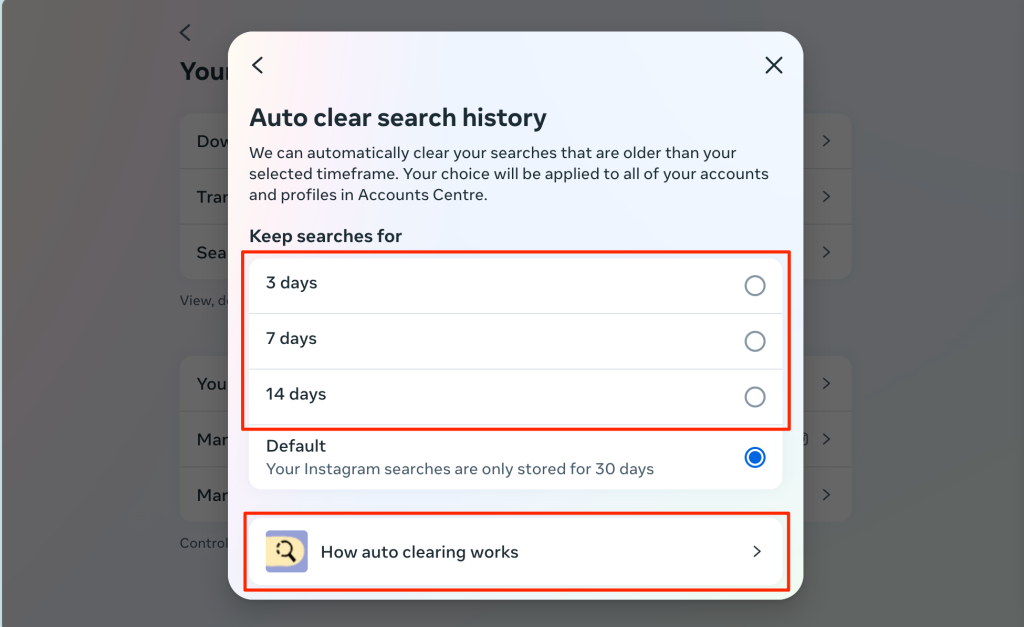 "Auto clear search history" page on Instagram Web