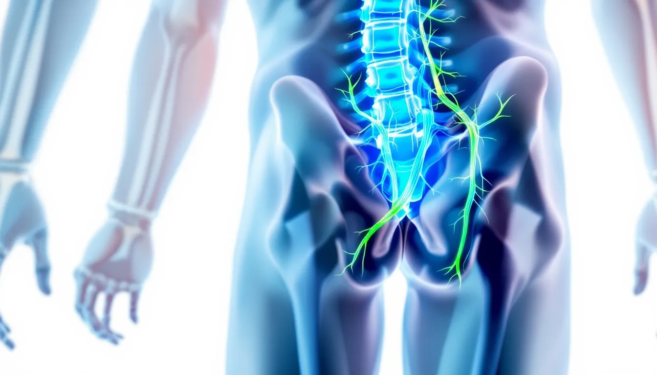 An illustration showing the sciatic nerve pathway in the human body.