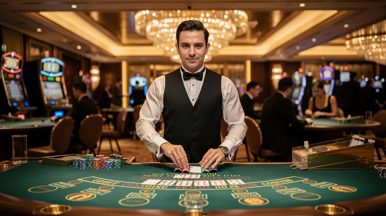 The image features a professional casino dealer standing at an elegant gaming table, skillfully managing a live casino game. The dealer is dressed in formal attire, creating an atmosphere of excitement and professionalism that enhances the enjoyable gaming experience at a spin casino.