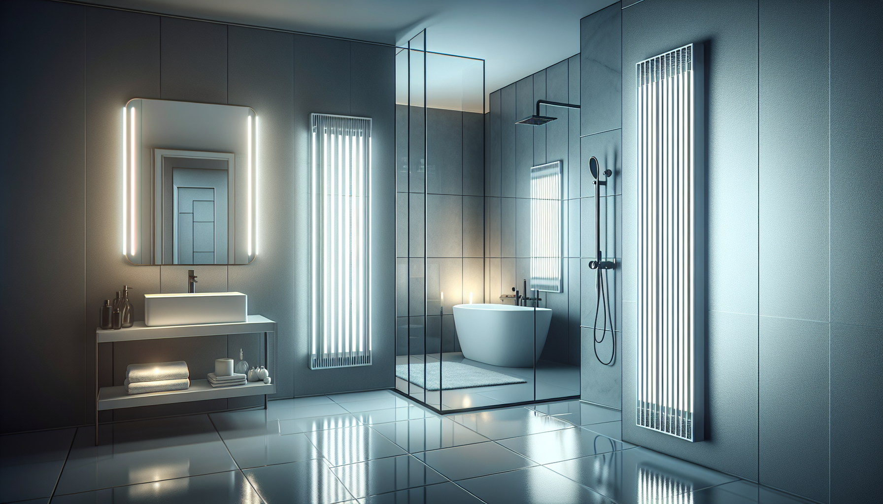 An illustration of infrared bathroom heaters in a stylish bathroom.