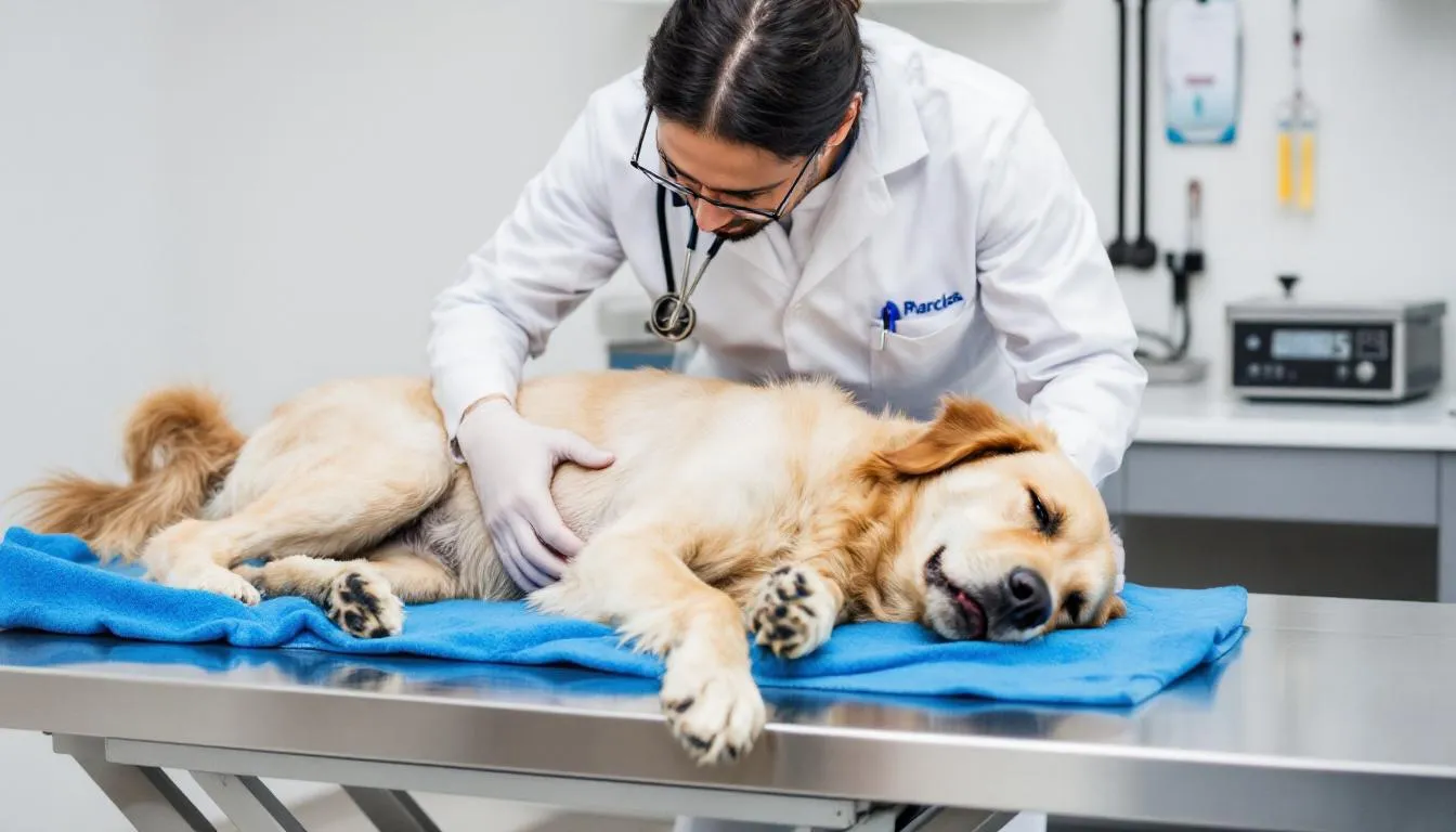 A veterinarian is examining a dog in a clinical setting, assessing its health for potential issues such as diarrhea in dogs or other gastrointestinal discomfort. The scene conveys a sense of care and attention, highlighting the importance of veterinary care for a dog