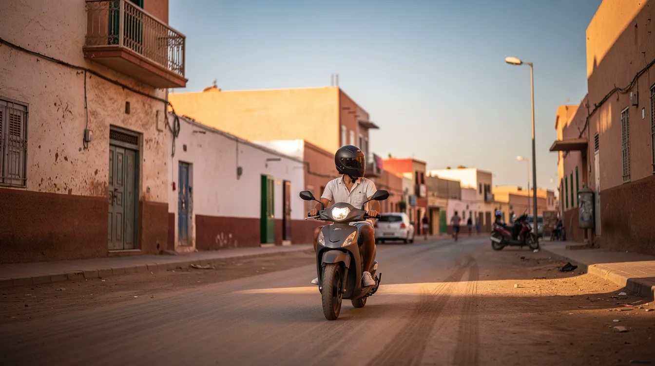 A rider wearing a helmet on a scooter on a sunny Moroccan street.