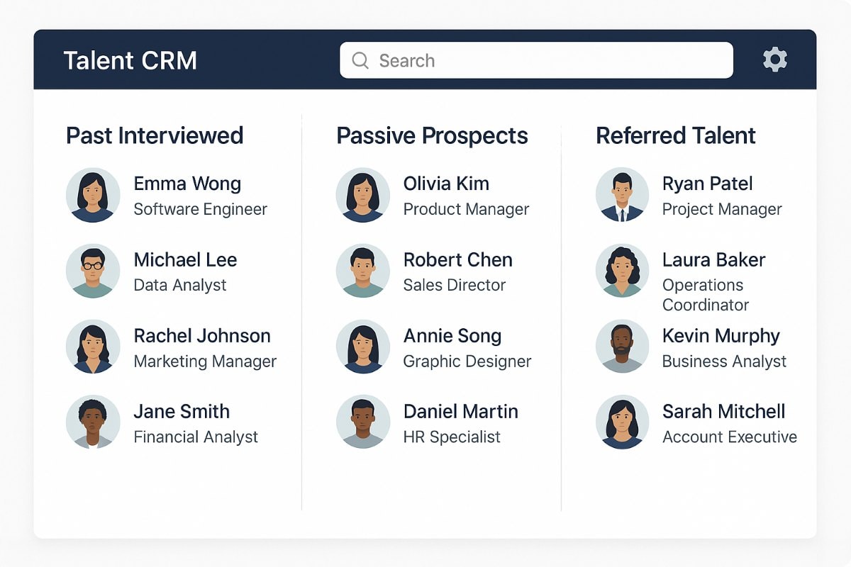 Clean, minimalist Talent CRM dashboard displaying three categorized columns of candidates: 'Past Interviewed,' 'Passive Prospects,' and 'Referred Talent.' Each column lists names, job titles, and illustrated avatars of candidates. A dark navy header includes a search bar and settings icon. The layout uses a white background with soft teal and charcoal accents for a modern, professional look.